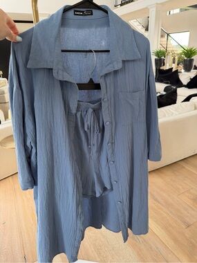 SHEIN Dusty Blue Button-Front Tunic & Drawstring Shorts Set